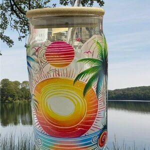 Tropical Sunset Glass Art with Bamboo Lid/ Glass Can with lid and straw